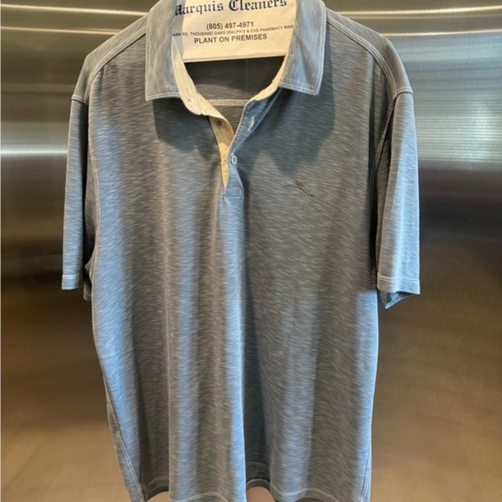 TOMMY BAHAMA like NEW grey polo shirt! Zoom in for all the design details 🦈